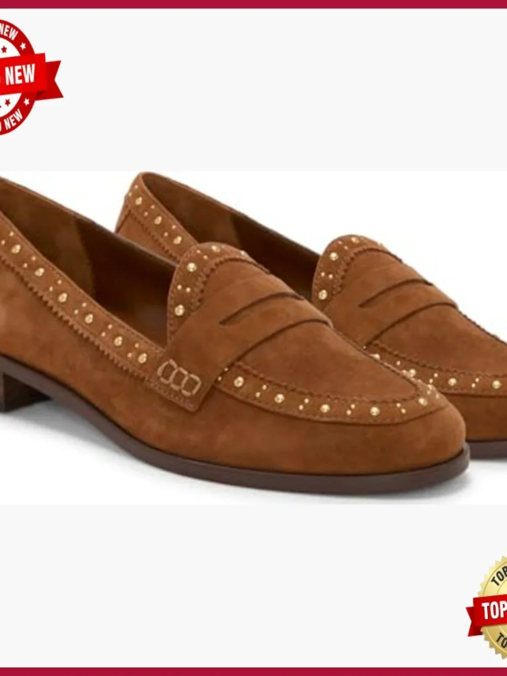 Suede Loafers with Pin Studding, Block Heel, Almond Toe, Pull-On Closure